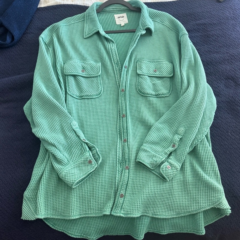 Aerie Green Button-Up Waffle Knit Shacket